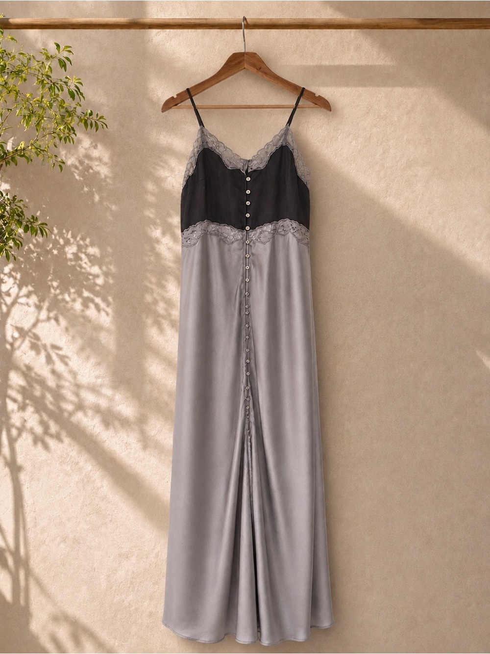 NWT Lucky Brand Button Front Lace Slip Midi Dress Gray Size M